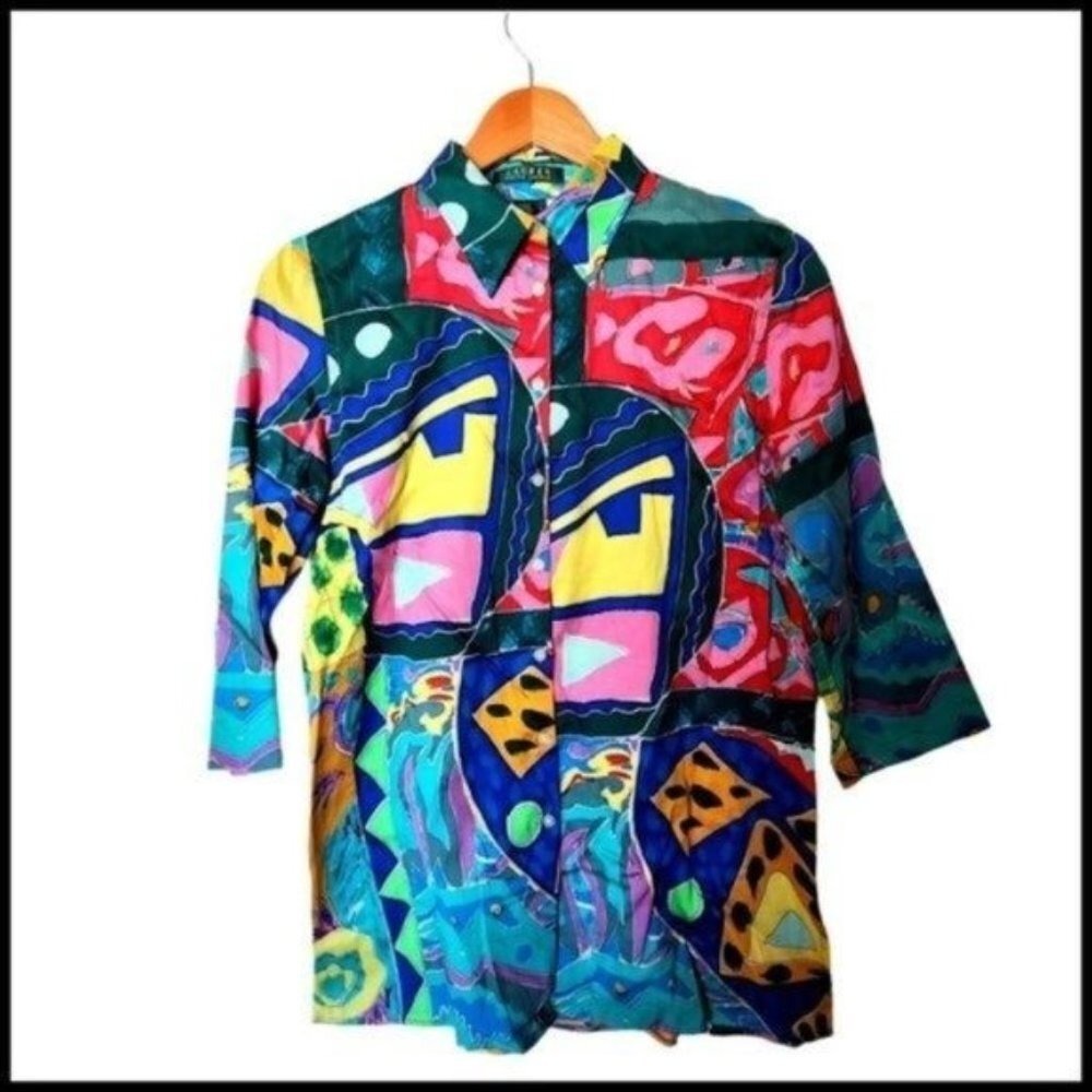 Lauren Ralph Lauren Abstract Print 3/4 Sleeve Button Up Shirt S Small Colorful